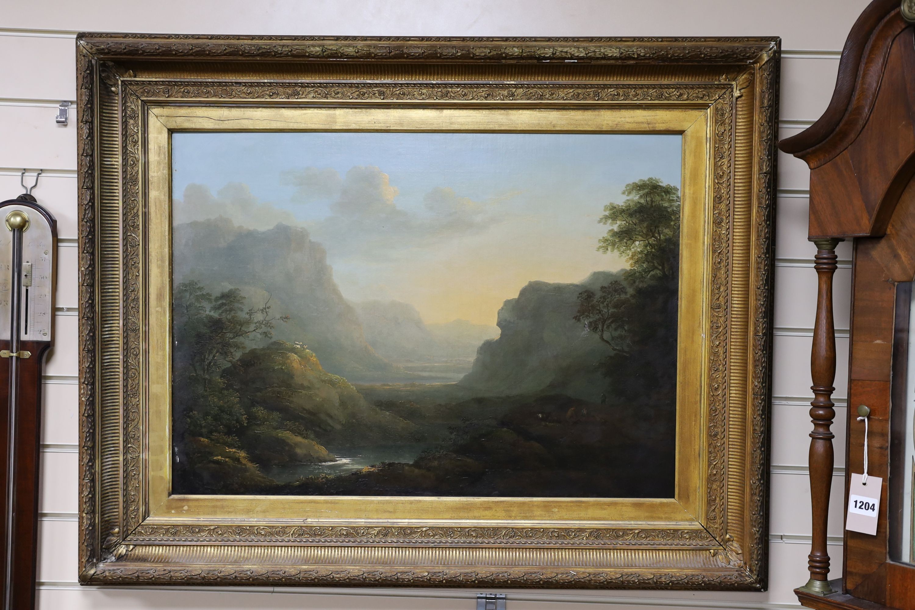 Early 19th century English School, oil on canvas, Travellers in a mountain landscape, 52 x 72cm